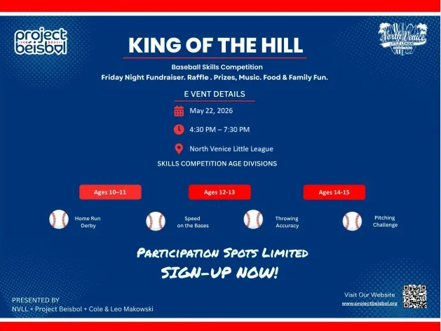 Let’s put on a show!! In partnership with North Venice Little League, youth leaders and PB volunteers Cole and Leo Makowski are hosting King of the Hill - a Skills Competition Fundraiser to grow awareness and support in the LA region. Sign up to compete in HR Derby, Golden Arm, Speed on the Bases and a Pitching Challenge. Ages 10-15. Spots are limited so don’t miss out!!